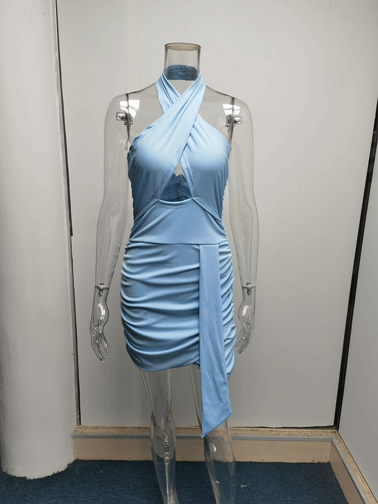 Solid Color Halter Backless Ruched Dress - ECHOINE