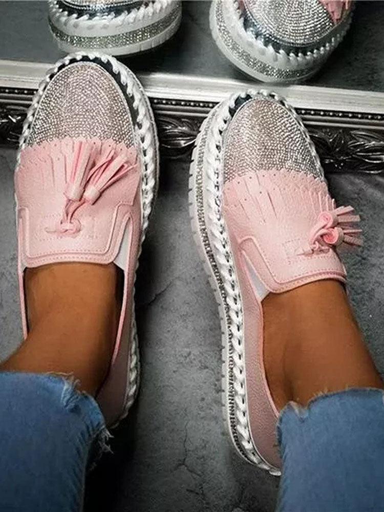 Rhinestones Tassel Slip On Loafers - ECHOINE