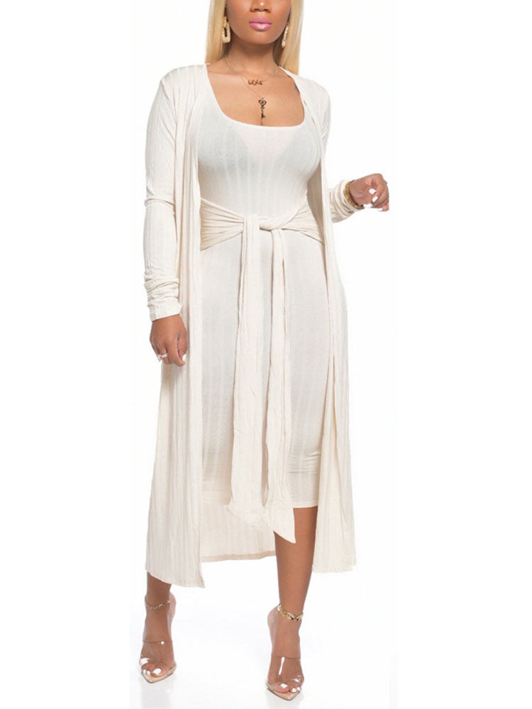 Ribbed Cardigan Tie Front Dress Sets - ECHOINE