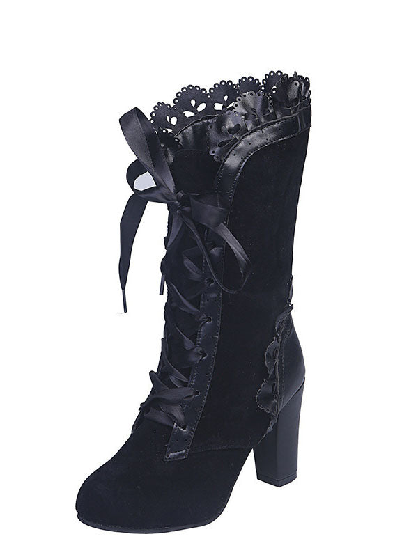 Chunky Heel Lace Up Mid Calf Boot - ECHOINE