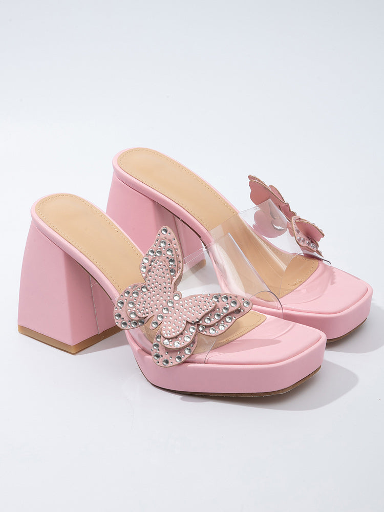 Clear Rhinestone Butterfly Chunky Heels - ECHOINE