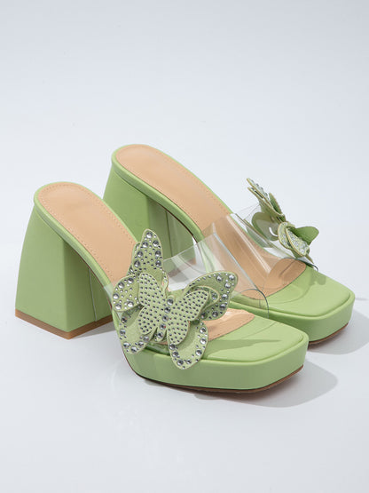 Clear Rhinestone Butterfly Chunky Heels - ECHOINE