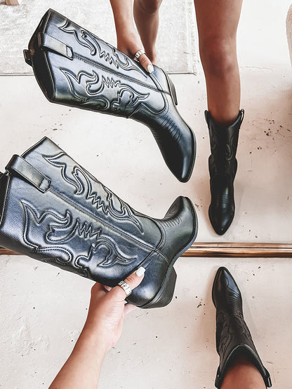 Metallic PU Leather Cowboy Boots - ECHOINE