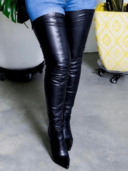 PU Leather Flat Over Knee Boots - ECHOINE