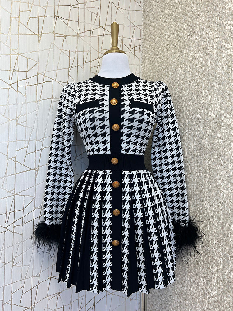 Houndstooth Button Front Pleated Dress - ECHOINE