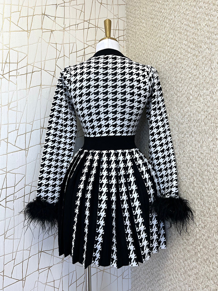 Houndstooth Button Front Pleated Dress - ECHOINE