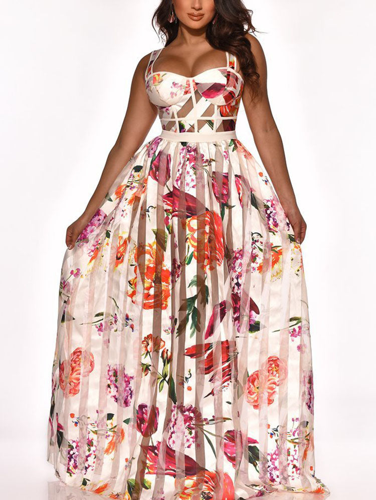 Strap Floral Printed Sheer Maxi Dresses - ECHOINE