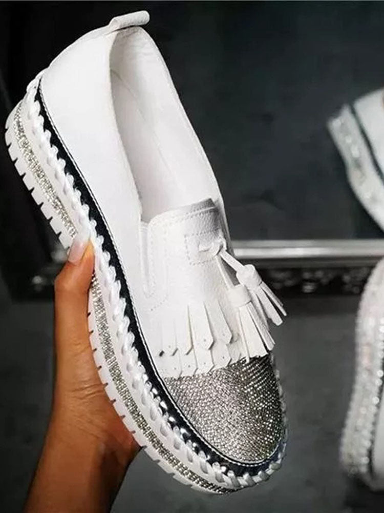 Rhinestones Tassel Slip On Loafers - ECHOINE