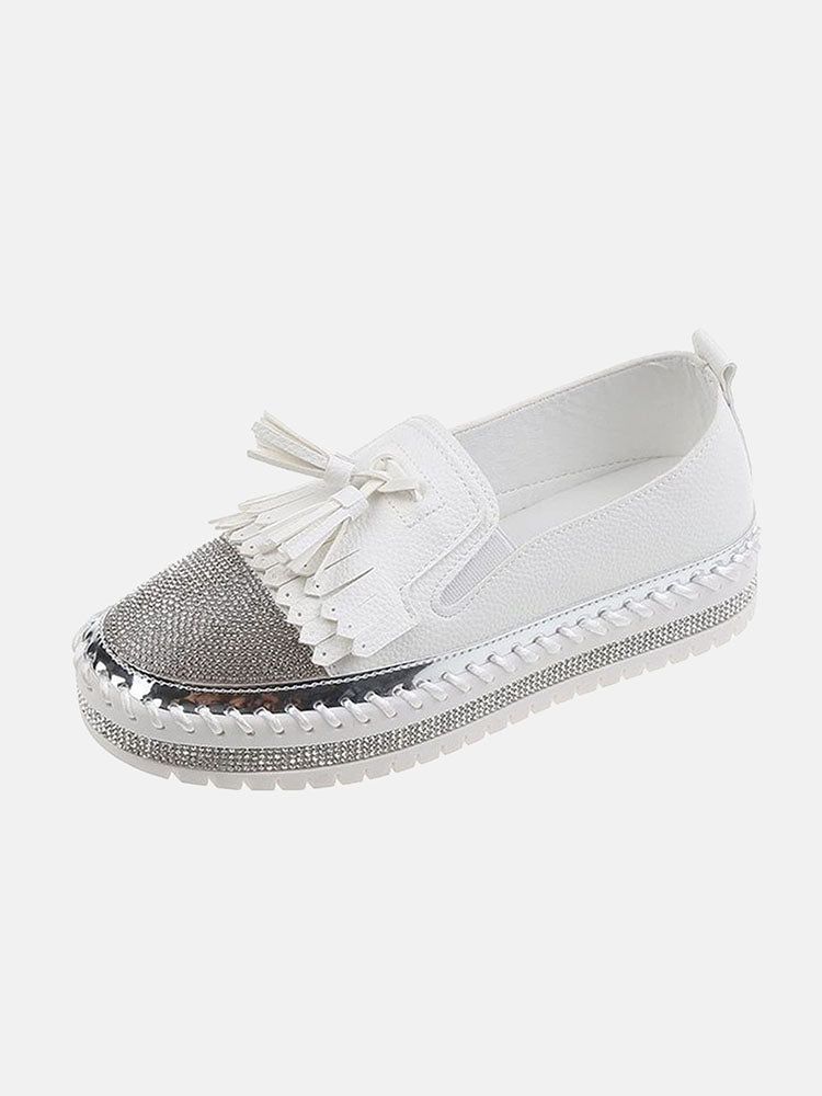 Rhinestones Tassel Slip On Loafers - ECHOINE