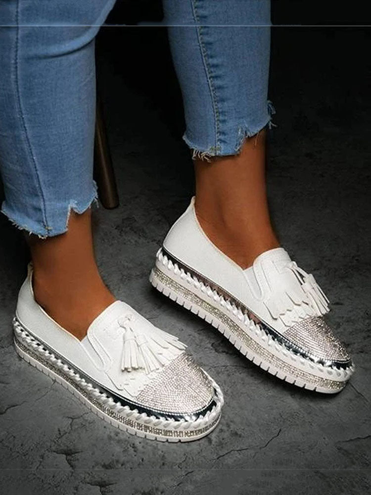 Rhinestones Tassel Slip On Loafers - ECHOINE