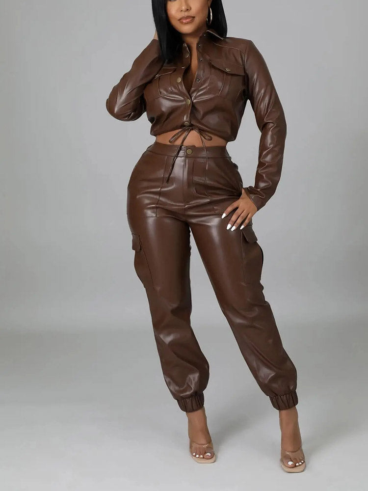 Leather Crop Jacket And Pants Sets - ECHOINE