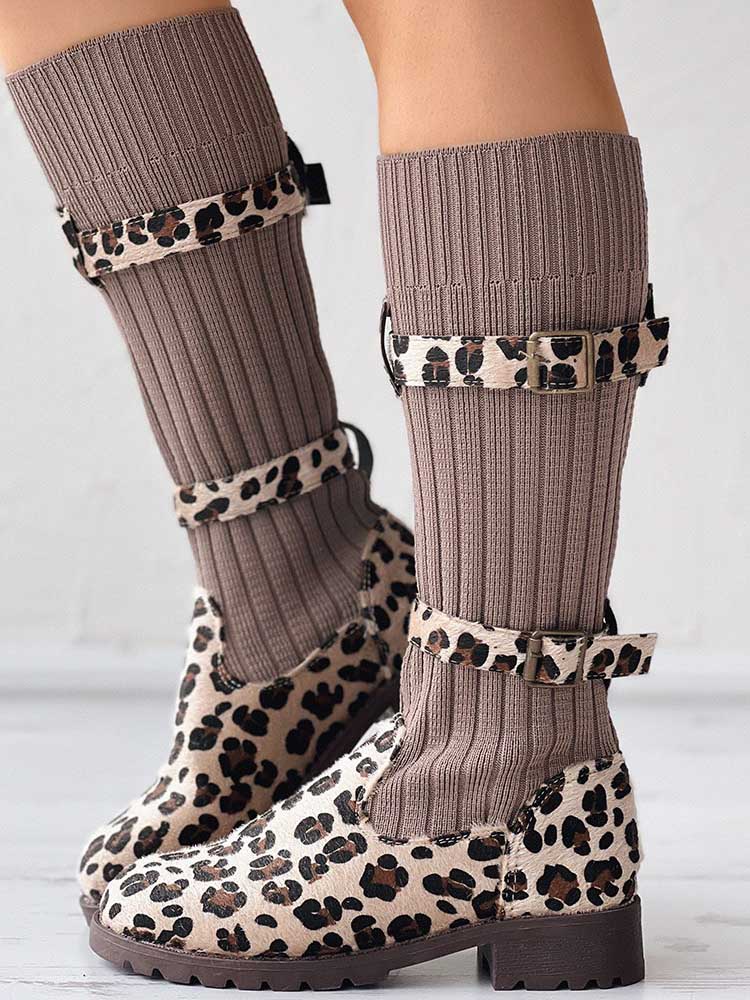 Leopard Knit Flat Heel Boots - ECHOINE