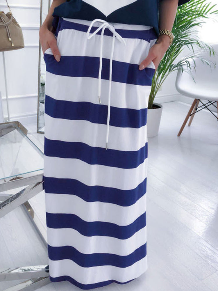 Print Off Shoulder Striped Skirt Set - ECHOINE