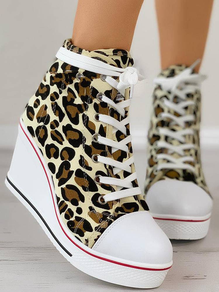 Lace-Up Thick Soled Heel Canvas Sneakers - ECHOINE