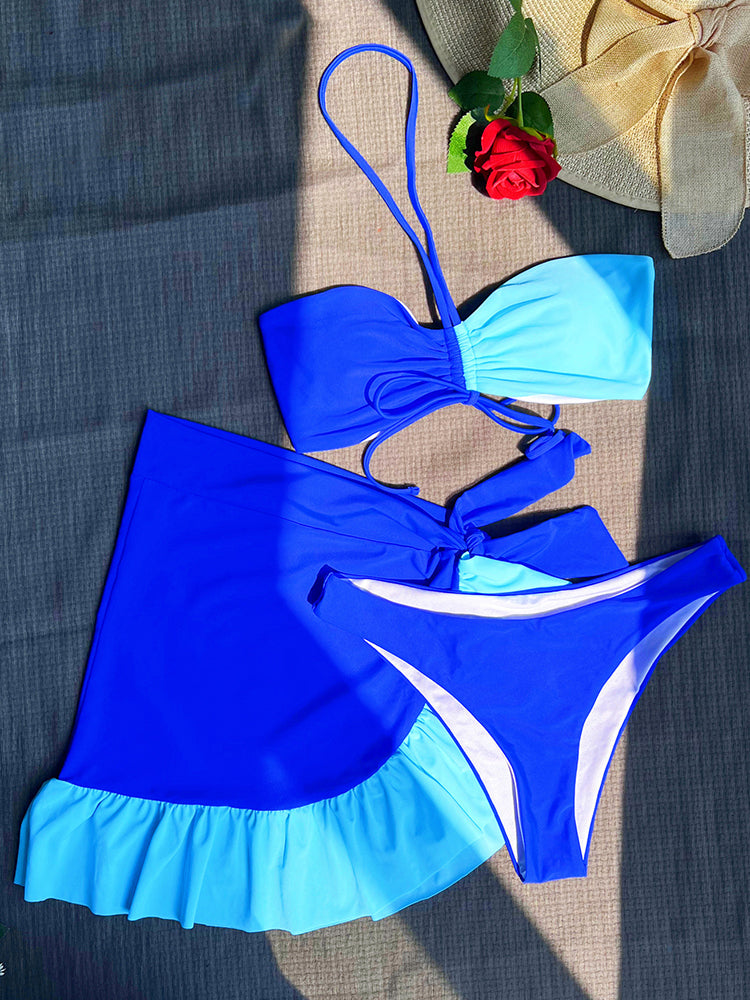 3PCS Colorblock Halter Bikini Set - ECHOINE