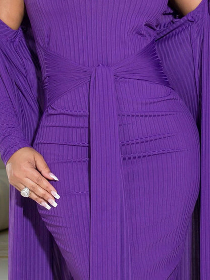 Ribbed Cardigan Tie Front Dress Sets - ECHOINE