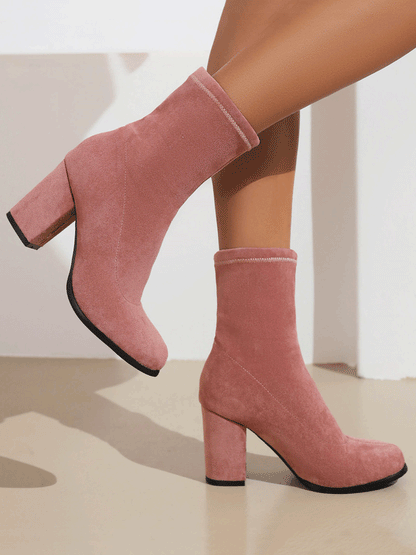 Suede Chunky Heel Ankle Boots - ECHOINE