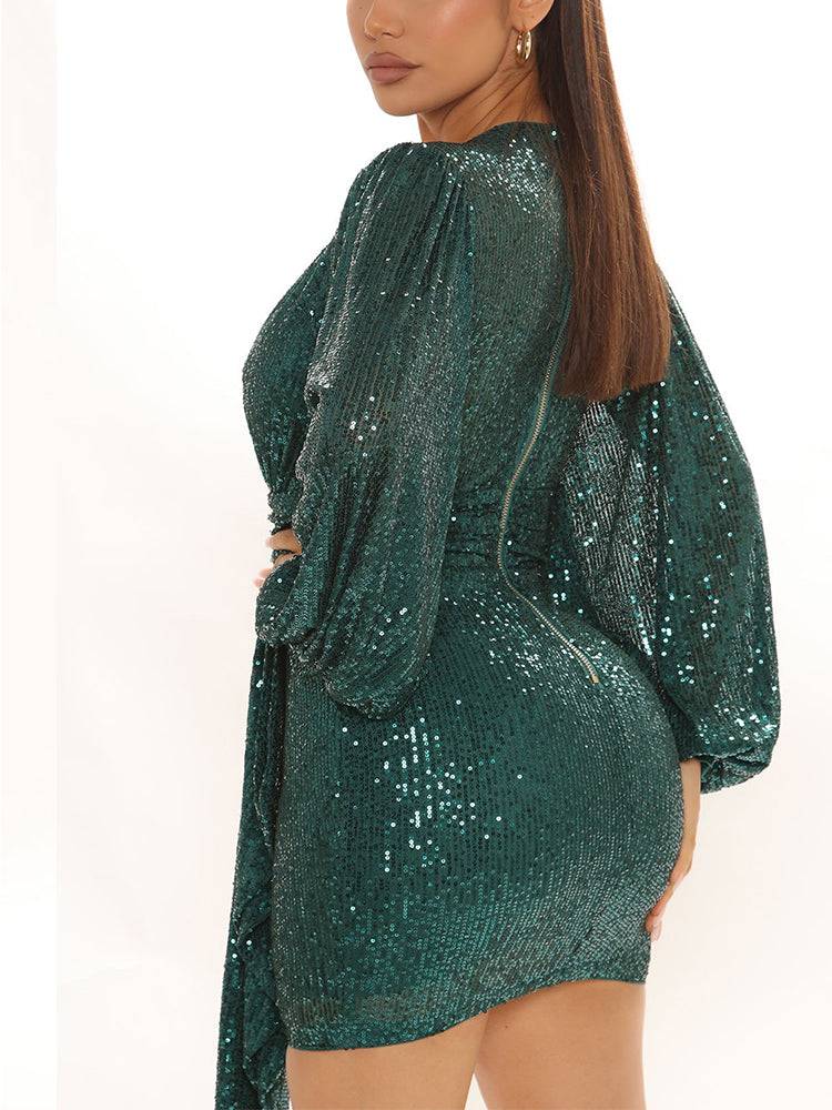 Lantern Sleeves Sequin Party Dress - ECHOINE