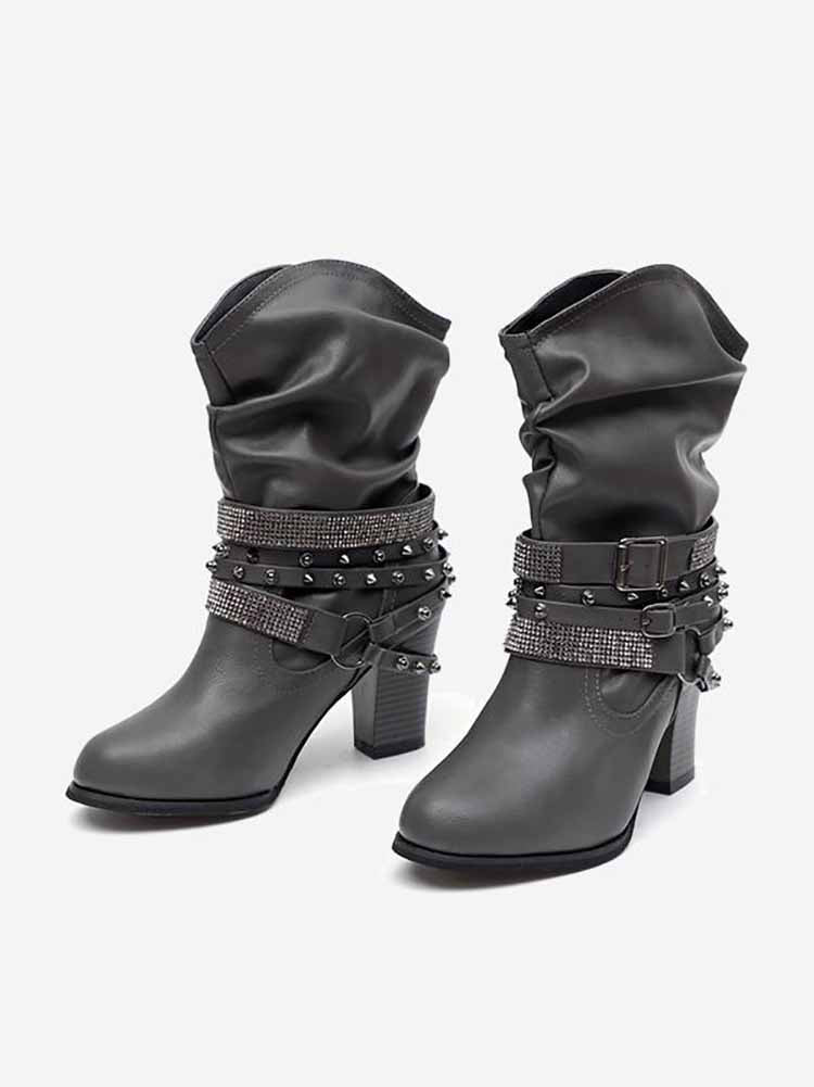 Rhinestone Buckle Ankle Boots - ECHOINE