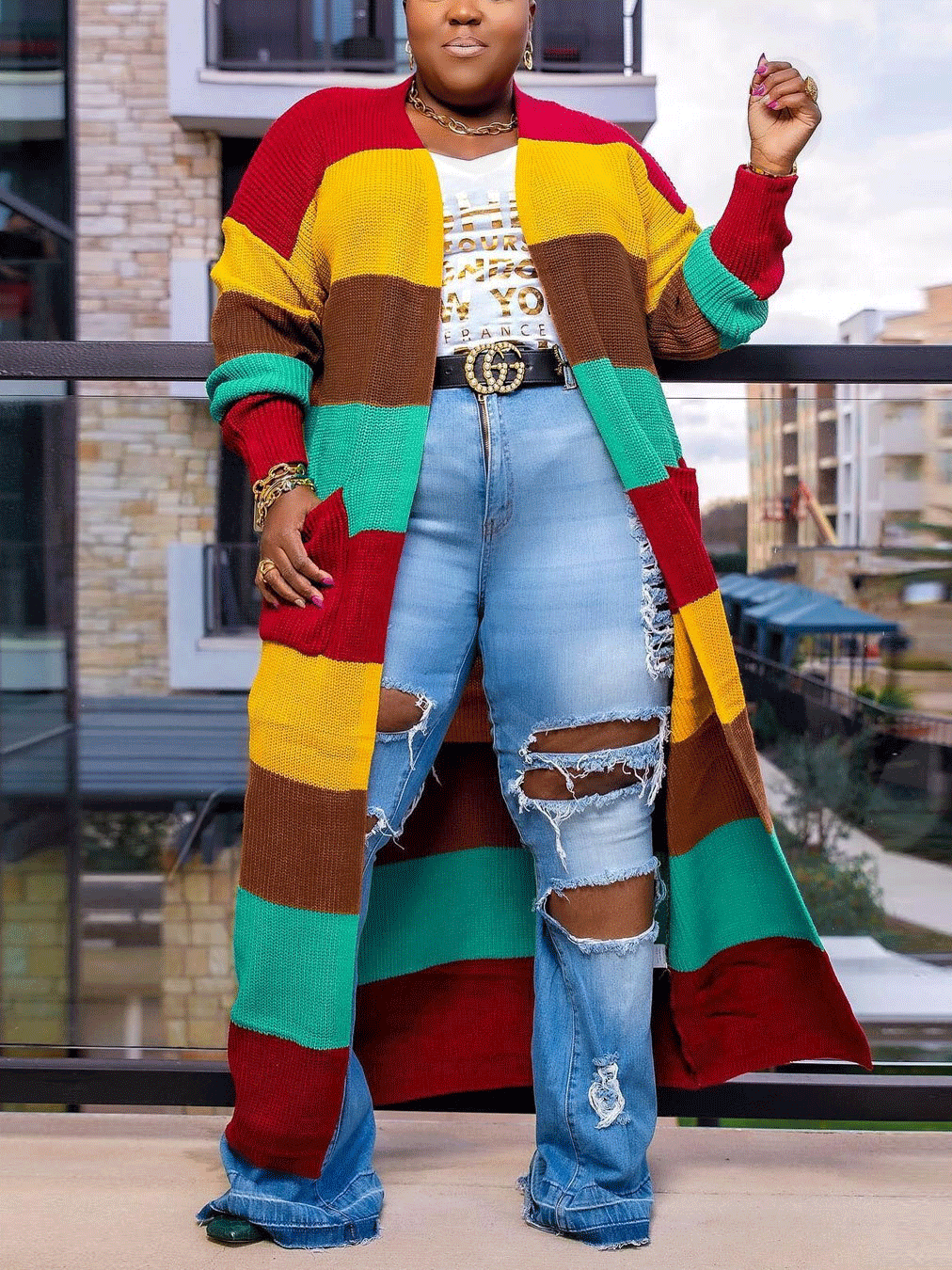 Knitted Multicolor Colorblock Cardigan - ECHOINE