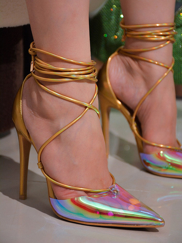 Iridescent Clear Lace-up Heels - ECHOINE