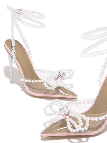 Pearl Bow Pointed Toe Transparent Heels - ECHOINE