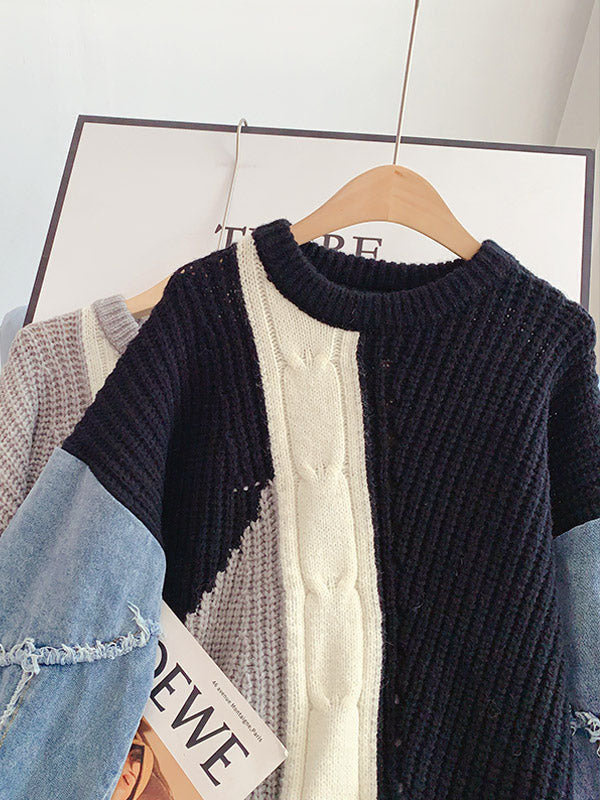 Knitted Denim Patchwork Sweaters - ECHOINE