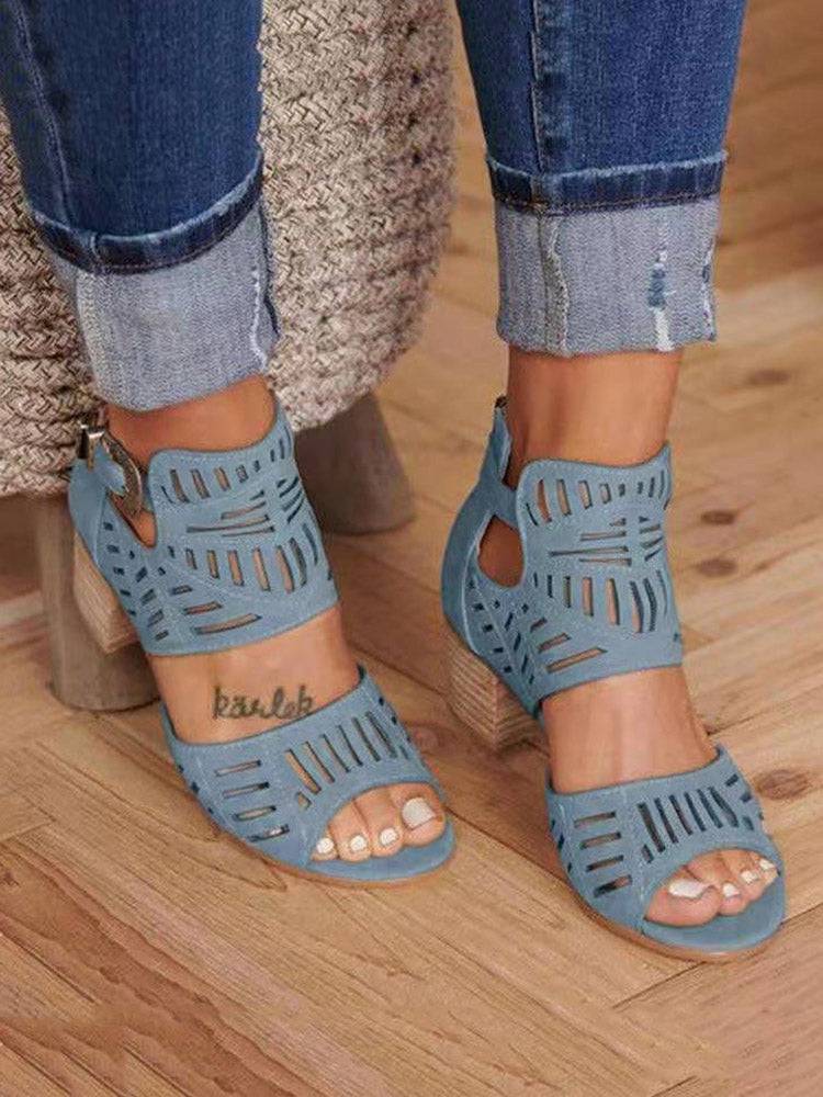 Hollow Out Chunky Heel Sandals - ECHOINE