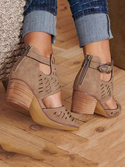 Hollow Out Chunky Heel Sandals - ECHOINE