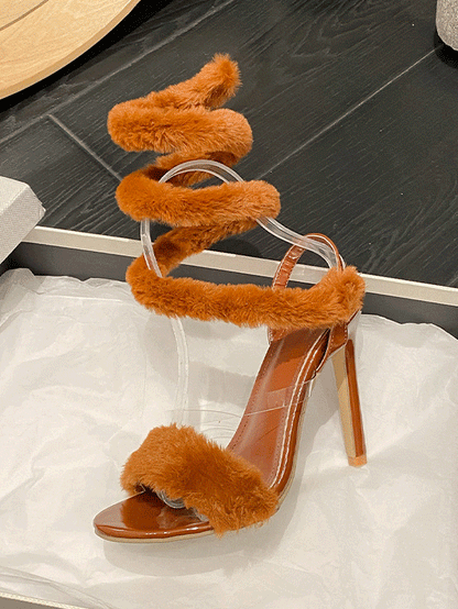 Fluffy Strap Stiletto Heel Sandals - ECHOINE