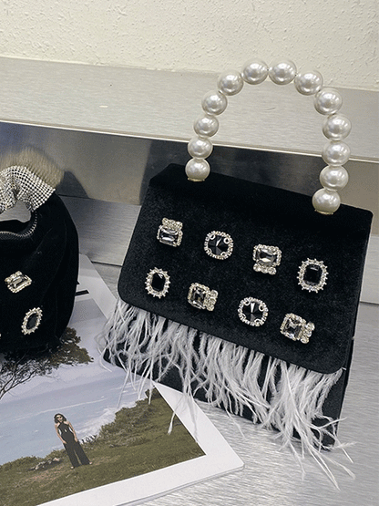 Velvet Pearls Rhinestone Tassels Handbag - ECHOINE