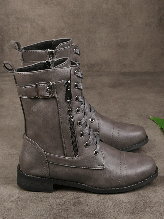Leather Zipper Round Toe Boots - ECHOINE
