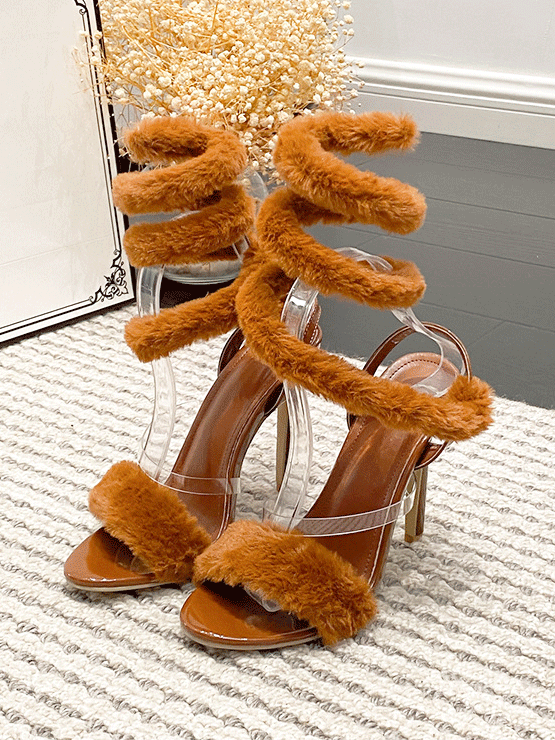 Fluffy Strap Stiletto Heel Sandals - ECHOINE