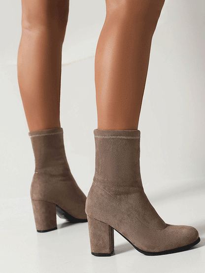 Suede Chunky Heel Ankle Boots - ECHOINE