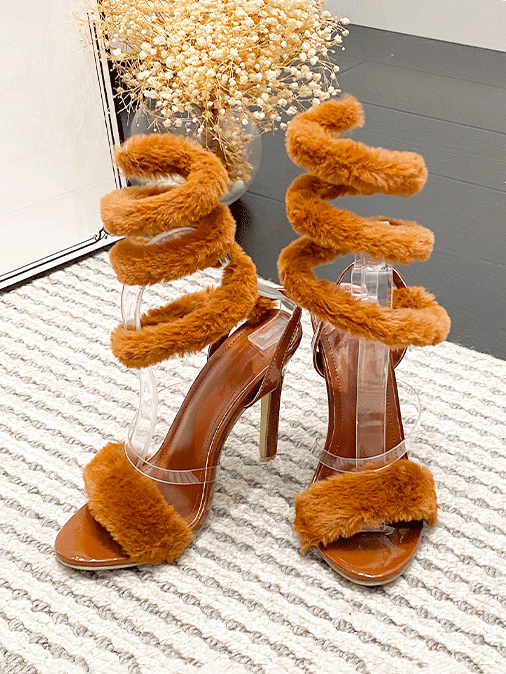 Fluffy Strap Stiletto Heel Sandals - ECHOINE