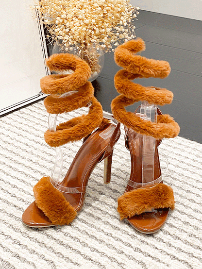 Fluffy Strap Stiletto Heel Sandals - ECHOINE