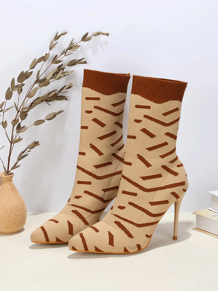 Striped Knit Stiletto Heel Sock Boots - ECHOINE