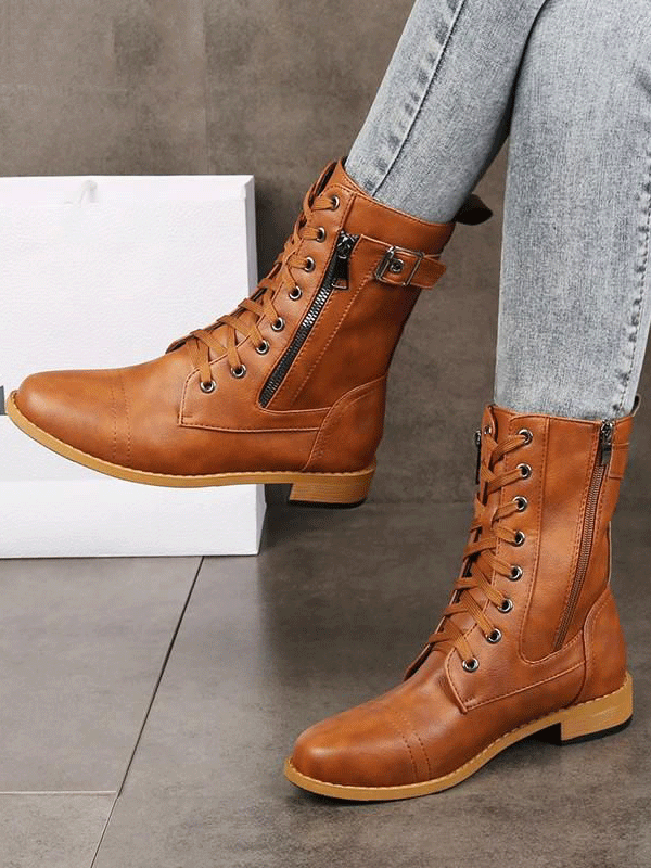 Leather Zipper Round Toe Boots - ECHOINE