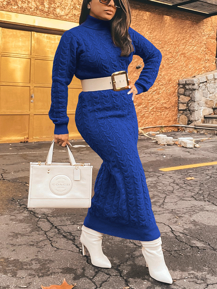 Ribbed Knitted High Neck Midi Dress - ECHOINE