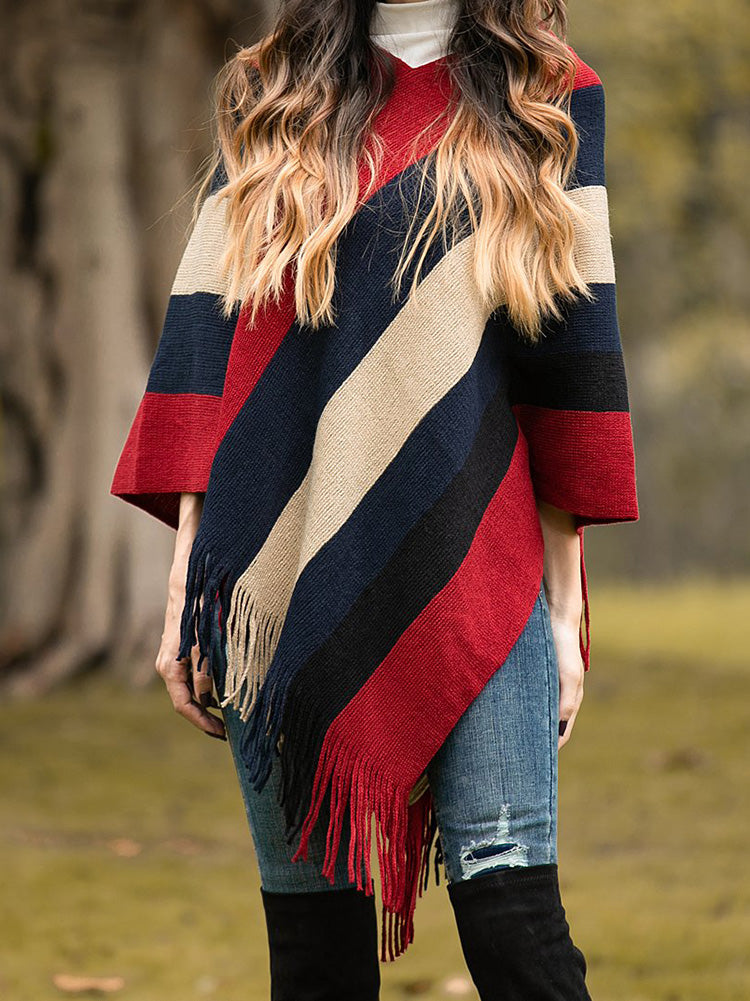 Knitted Striped Tassel Poncho - ECHOINE